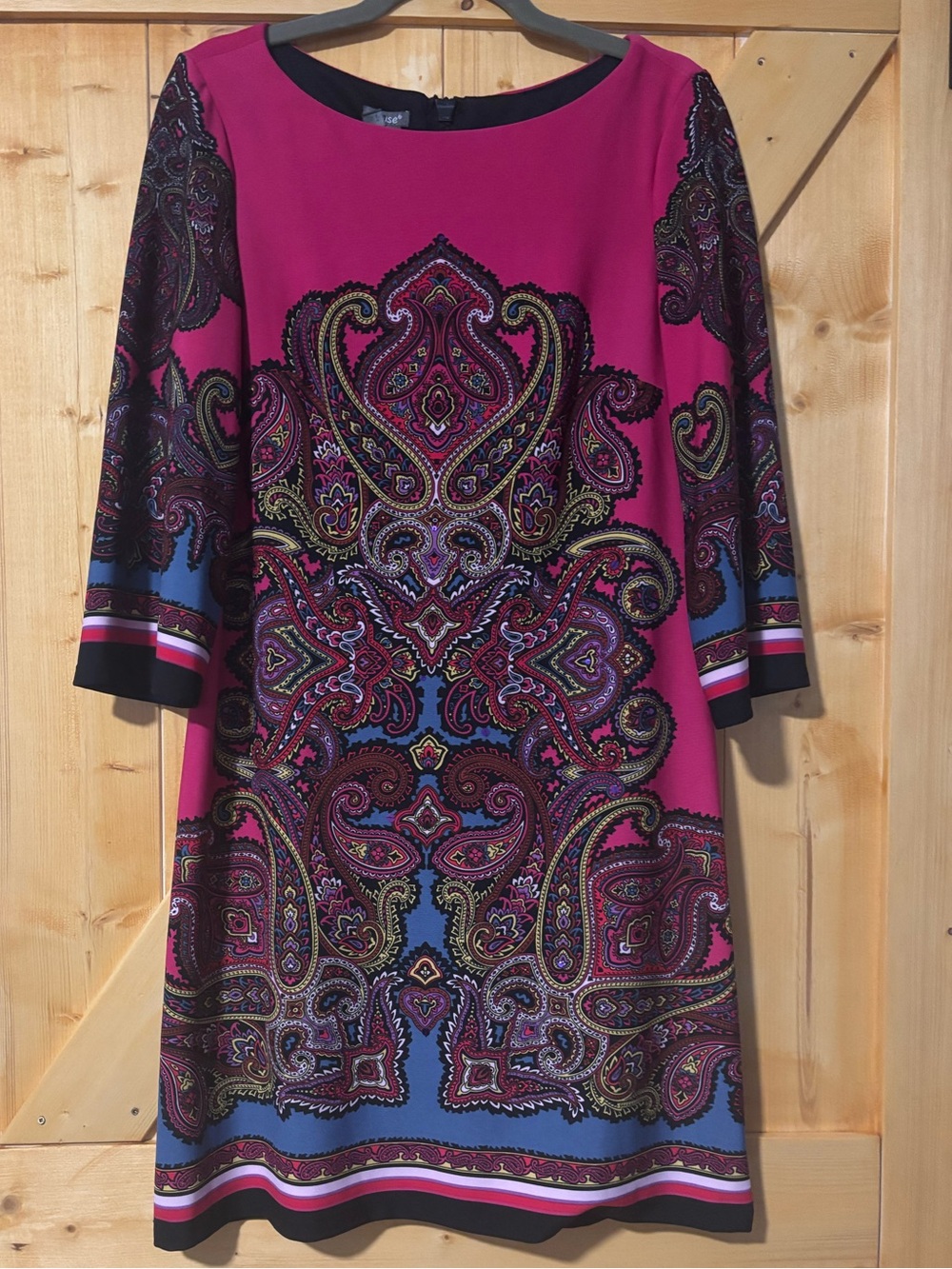 Muse Pink & Blue Paisley Knit Shift Dress Quarter Sleeve Zip Back Size 10